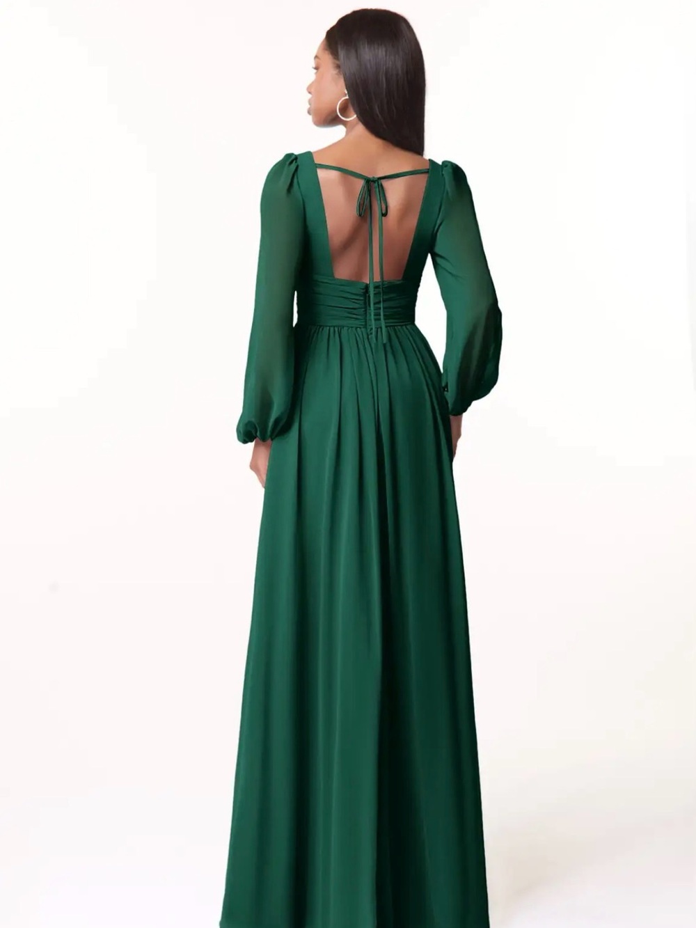 Azazie Forest Green V-Neck Long Sleeve Chiffon Maxi Dress with Front Slit - Picture 2 of 9